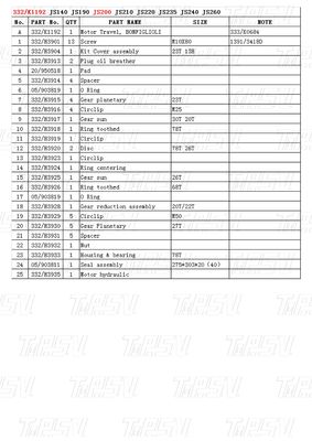 JS200 Excavator di acciaio Final Drive Travel Drive Catalogo motore 332/K1192